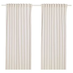 two white curtains hanging from the side of a window with pleated drapes on them