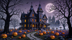 Halloween art of a haunted house surrounded by jack o lanterns. Aesthetic Haunted House, Haunted House Wallpaper, Whimsical Backdrop, Spooky Aesthetic, Halloween Board, House Wallpaper, Halloween Haunted House, Halloween Haunted Houses