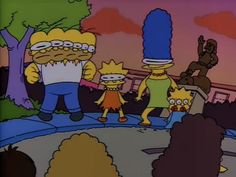 the simpsons family is standing in front of some trees and people are looking at them