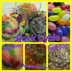 several different types of jelly beans in bowls and on the table with words rock cycle