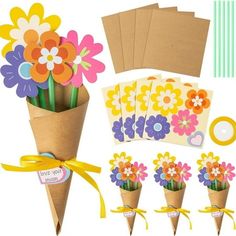 paper flowers in cones with ribbons and tags