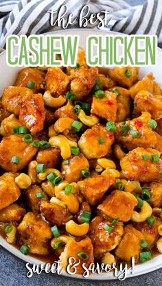 the best cashew chicken sweet and savory with green onions in a white bowl