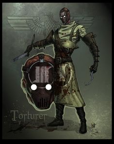 a drawing of a man in armor holding a knife and shield with the words torture on it