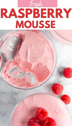 raspberry mousse in two bowls with fresh raspberries on the side