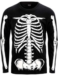 a black shirt with a skeleton on the chest and long sleeves, in front of a white background