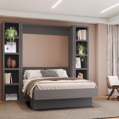 a large bed sitting next to a book shelf in a bedroom