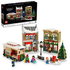 a lego christmas town set is shown in the box with its contents and instructions on how to build it