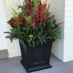 a potted plant with red berries and greenery in front of a white brick wall