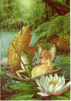 a fairy sitting on top of a lily pad in the water next to a frog