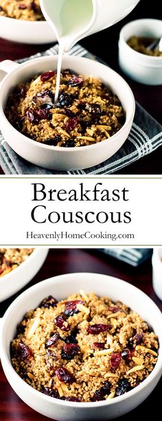 breakfast couscous with cranberries and oatmeal in white bowls