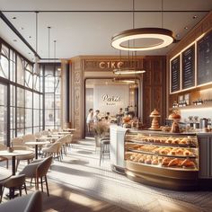 the interior of a restaurant with lots of tables and chairs, along with bakery items on display