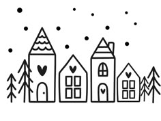 a line drawing of houses with trees and snow