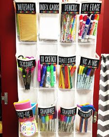 an organized closet with pens, pencils, markers and other office supplies on it