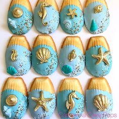 there are many decorated cookies in the shape of seashells and starfishs