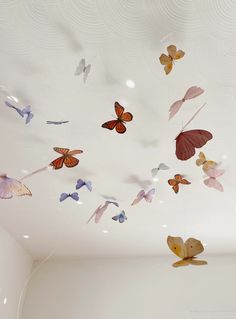 a room filled with lots of butterflies flying in the air above it's ceiling