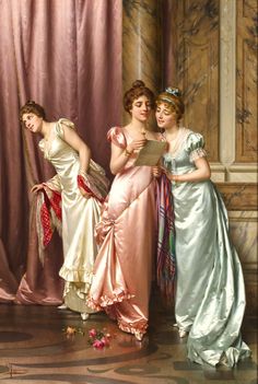 three women in evening dresses standing next to each other and looking at a piece of paper