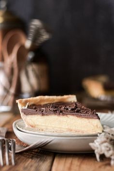 a piece of pie sitting on top of a plate next to a fork and knife