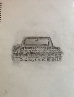 a drawing of a car with the words cowboys and angels written on it