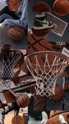 several different pictures of basketballs and hats on the ground, including one being dunked