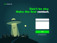 the landing page for contact us, with an alien flying over it and trees in the background