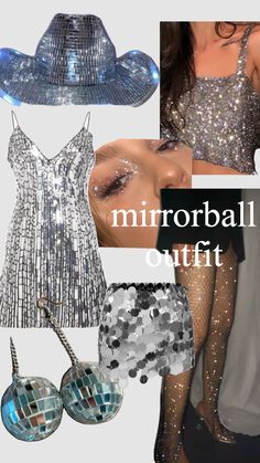 a collage of different outfits and accessories with the words mirrorball outfit