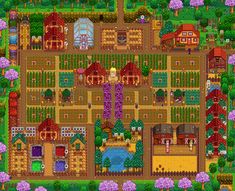 an aerial view of a farm with lots of trees and buildings in the middle of it