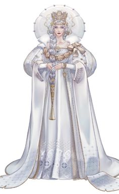 a woman dressed in white and gold with a crown on her head, holding a cross