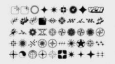 an assortment of different shapes and sizes on a white background, including circles, stars, dots