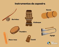 an image of musical instruments and their names in spanish on a brown background with the words instrumentes da capoeira written below it