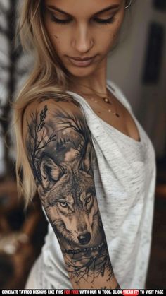 a woman with a wolf tattoo on her arm