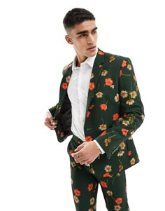 Suits by ASOS DESIGN Suits you Floral design Notch lapels Padded shoulders Single button fastening Slim fit Men Colorful Suit, Male Wedding Guest, Floral Suit Men, Flamingo Suit, Floral Suit Jacket, Flower Suit, Green Wedding Suit, Floral Suit, Floral Turtleneck