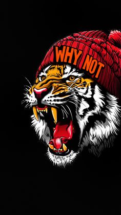 a tiger wearing a red hat with the word wh on it's face