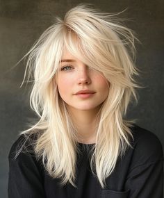 Add texture to your platinum blonde shag for a more dynamic and edgy look. The textured layers and curtain fringe create a bold and modern style that’s perfect for those who want to stand out. Shag With Curtain Fringe, Platinum Blonde Shag, Platinum Shag, Blonde Shag, 4 Braids Hairstyle, Modern Disco, Blond Hairs