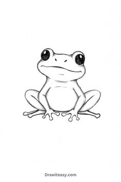 A simple black and white drawing of a frog sitting with wide, round eyes and a calm expression, showcasing a minimalist style with clean lines. Cartoon Frog Tattoo Ideas, Easy Illustration Art Simple, Cute Easy Frog Drawing, Drawing Frog Cute, Rainforest Drawing Simple, Cute Frog Outline, Simple Animals To Draw, Frog Sketch Easy, Draw Frog Easy