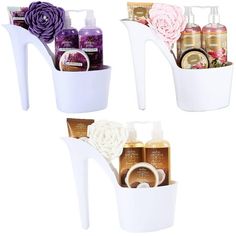 three white vases filled with different types of cosmetics and hand washes in them