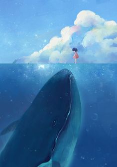 a person standing on top of a whale in the ocean under a cloudy blue sky