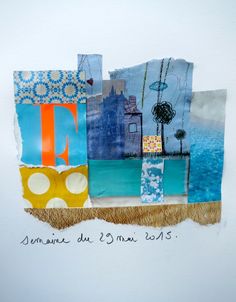 collages of different types and colors on paper with words written in french above them