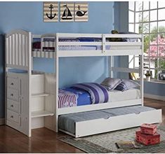 a white bunk bed sitting next to a dresser in a blue room with wooden floors