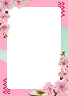 a pink and green background with flowers in the center, on top of a white square