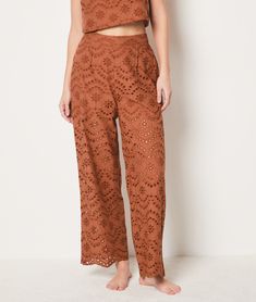 Eyelet Patterned Pants COTON - ETAM Brown Bottoms For Spring Festival, Brown Summer Bottoms With Elastic Waistband, Summer Brown Bottoms With Elastic Waistband, Summer Beachwear Bottoms In Brown, Brown Bottoms For Beach Vacation, Brown Elastic Waistband Bottoms For Beach Season, Bohemian Brown Bottoms For Beach Season, Brown Bottoms With Elastic Waistband For Beach Season, Brown Beach Season Bottoms With Elastic Waistband