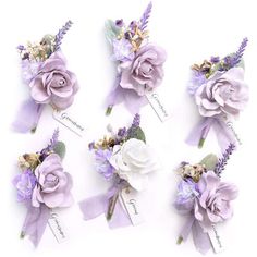 six purple and white flowers with names on them