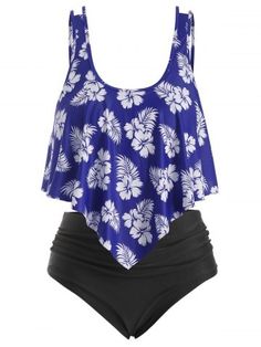 Overlay Ruffles Floral Leaves Print Plus Size Tankini Swimsuit - DEEP BLUE - 5X Plus Size Tankini, Floral Leaves, Tankini Swimsuit, Leaves Print, 2 Piece Swimsuits, American People, Tankini Swimsuits, Boho Casual, Plus Size Swimwear