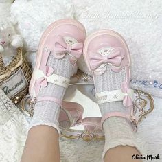 Olivia Mark - Elegant Mary Jane Slipper with Butterfly Knot Cute Pink Shoes, Bear Embroidery, Rough Heels, Japanese Sweet, Elegant High Heels, Butterfly Knot, Embroidery Letters, Shoes Cute, Sweet Lady