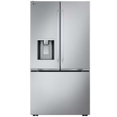 a stainless steel refrigerator freezer with water dispenser and ice maker on the door