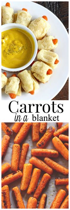 carrots and some dipping sauce on a white plate with the words carrots una blanket