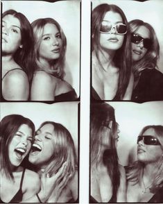 four different pictures of two women with sunglasses on and one is kissing the other's cheek