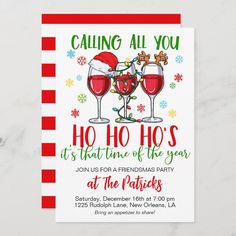 a christmas party card with two glasses of wine