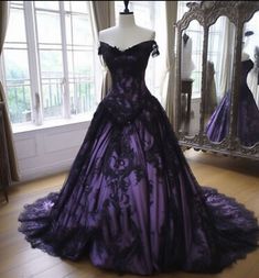 Black Purple Wedding, Purple Wedding Dresses, Purple Black Wedding, Goth Wedding Dresses, Dark Purple Wedding, Purple Ball Gown, Black Wedding Gowns, Long Bridal Gown, Purple Wedding Dress