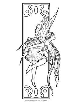 a fairy with long hair and wings on her back, standing in front of an ornate frame