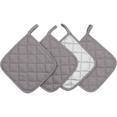 three oven mitts are shown in grey and white, one has a bib on it